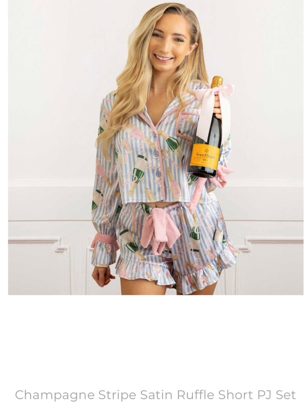 Champagne Stripe Satin Ruffle Short PJ Set - Pink